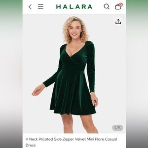 Halara V Neck Plicated Side Zip Velvet Mini Flare Dress, Dark Green, Medium